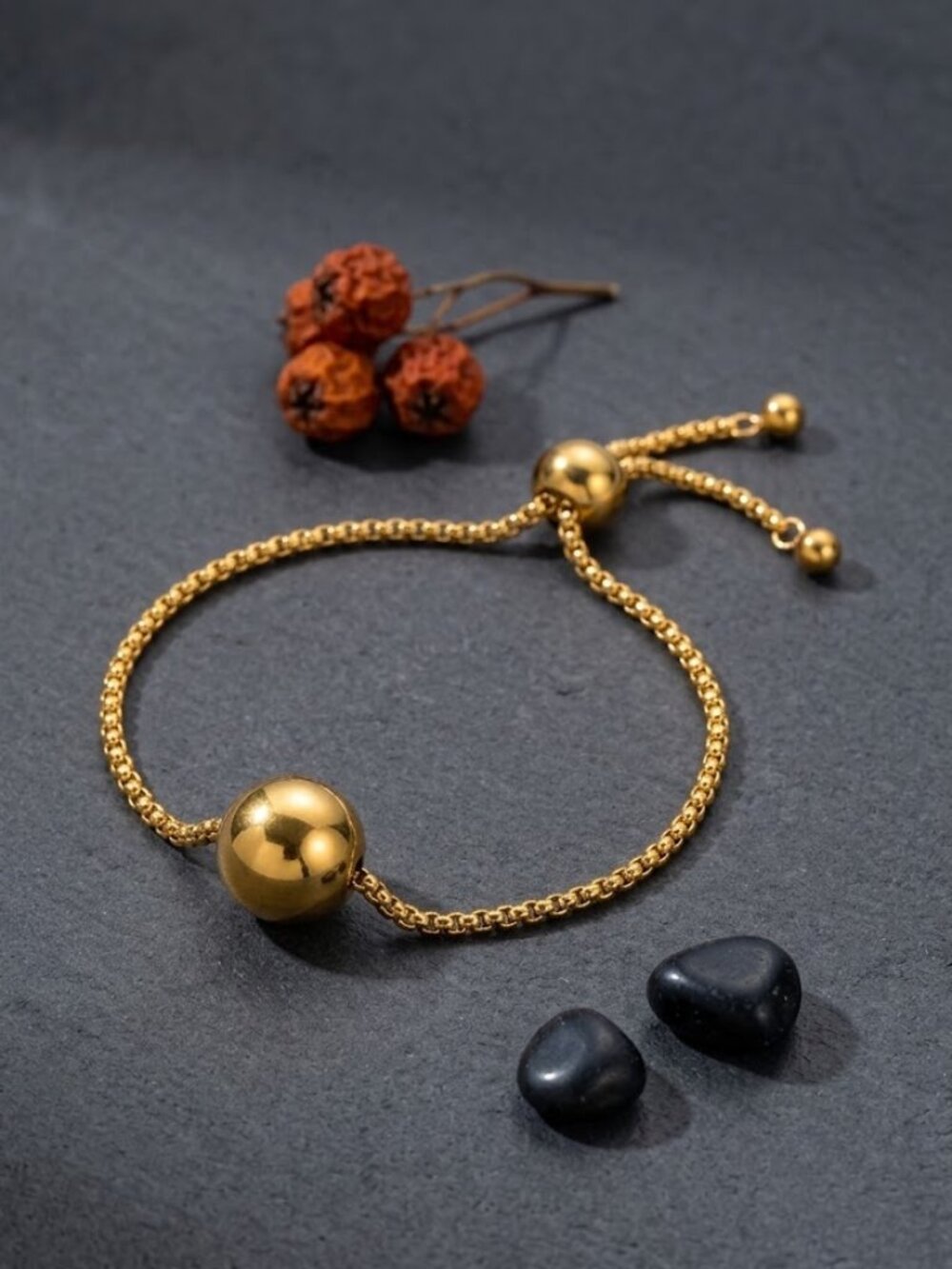 Gold Bolo Bracelet Ball Charm Slider Adjustable 18K Plated Stainless Steel 8.9"